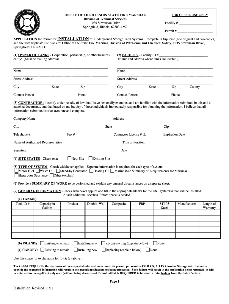  Application for Installation  the Office of the Illinois State Fire Marshal  Sfm Illinois 2011