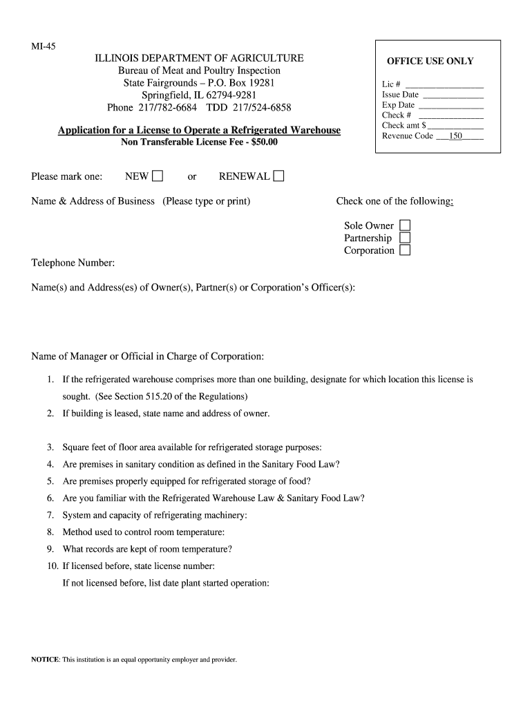 Application for a License to Operate a Refrigerated Warehouse  Form