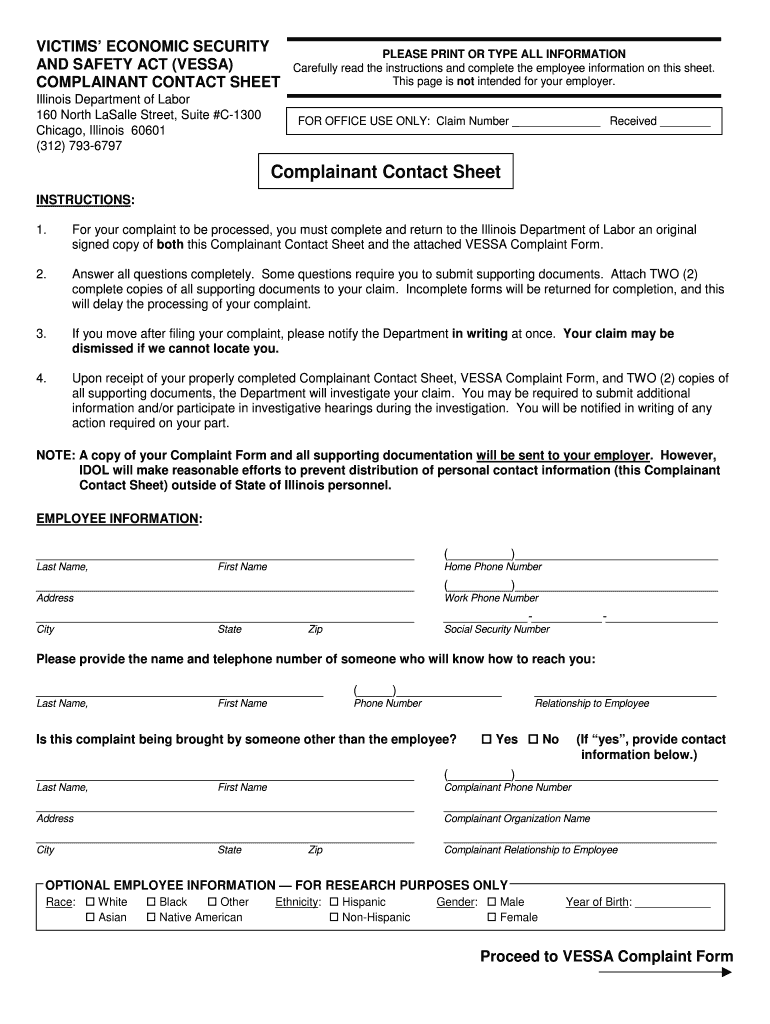 VESSA Complaint Form State of Illinois Illinois