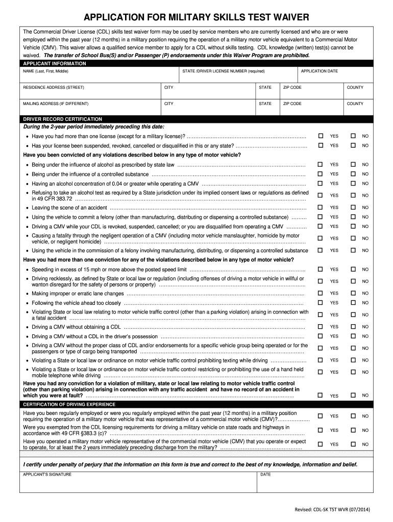 Application for Military Skills Test Waiver  Form