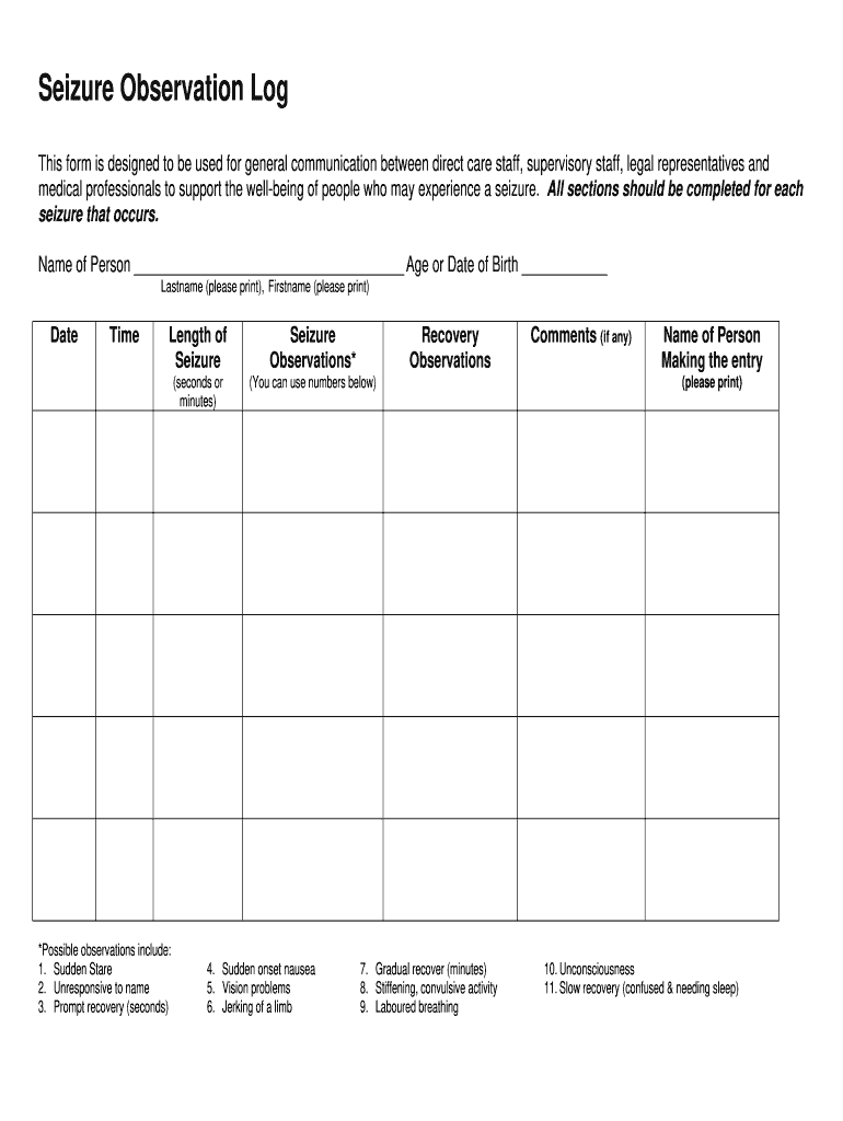 Seizure Activity Log Sheet  Form