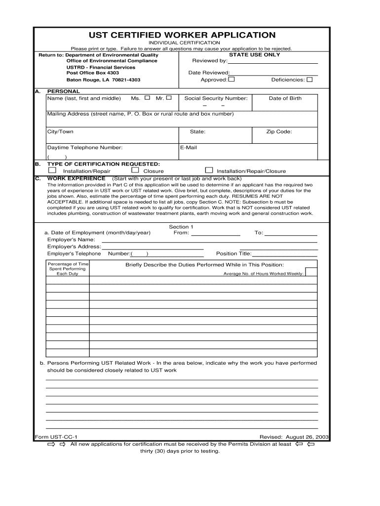  Ust Certified Worker Application  Louisiana Department of    Deq Louisiana 2007