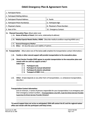 OAAS Emergency Plan &amp; Agreement Form New Dhh Louisiana