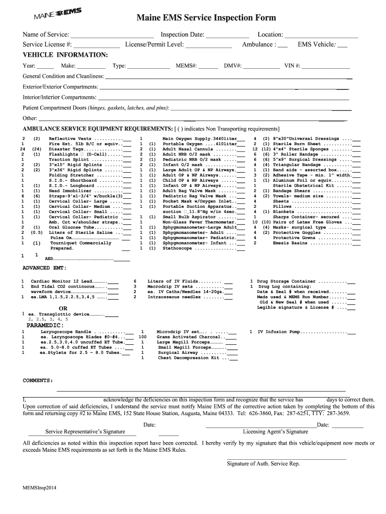 Maine EMS Service Inspection Form Maine Gov Maine