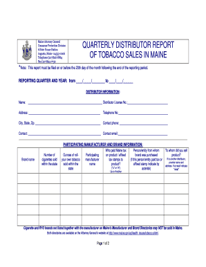 QUARTERLY DISTRIBUTOR REPORT of TOBACCO Maine Gov Maine  Form