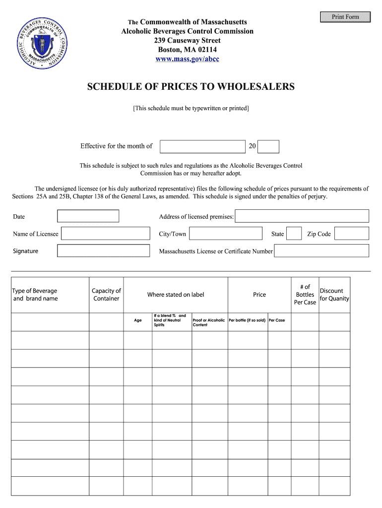 Massachusetts Schedule of Prices to Wholesaler  Form