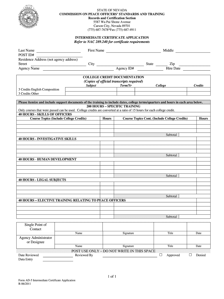  Nevada Intermediate Post Certificate Application 2011-2024