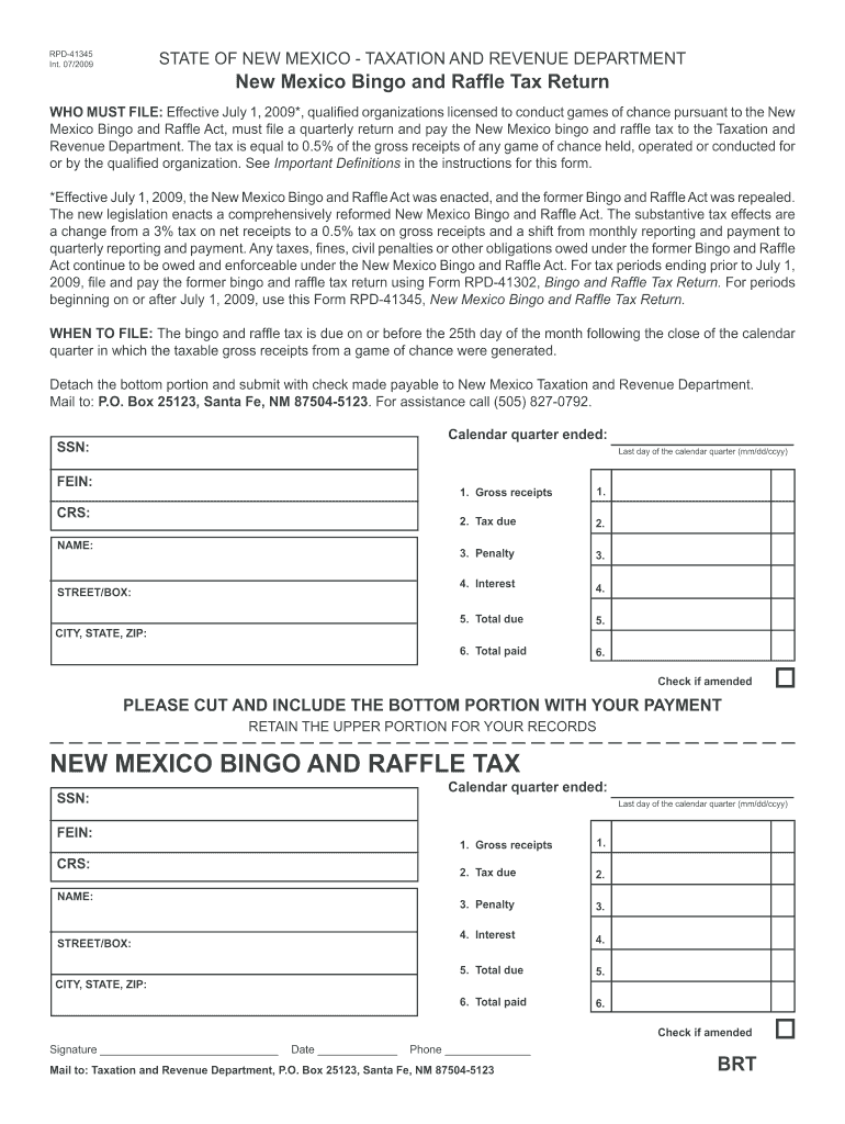  Form RPD 41345, New Mexico Bingo and Raffle Tax Return  Test Trd Newmexico 2009