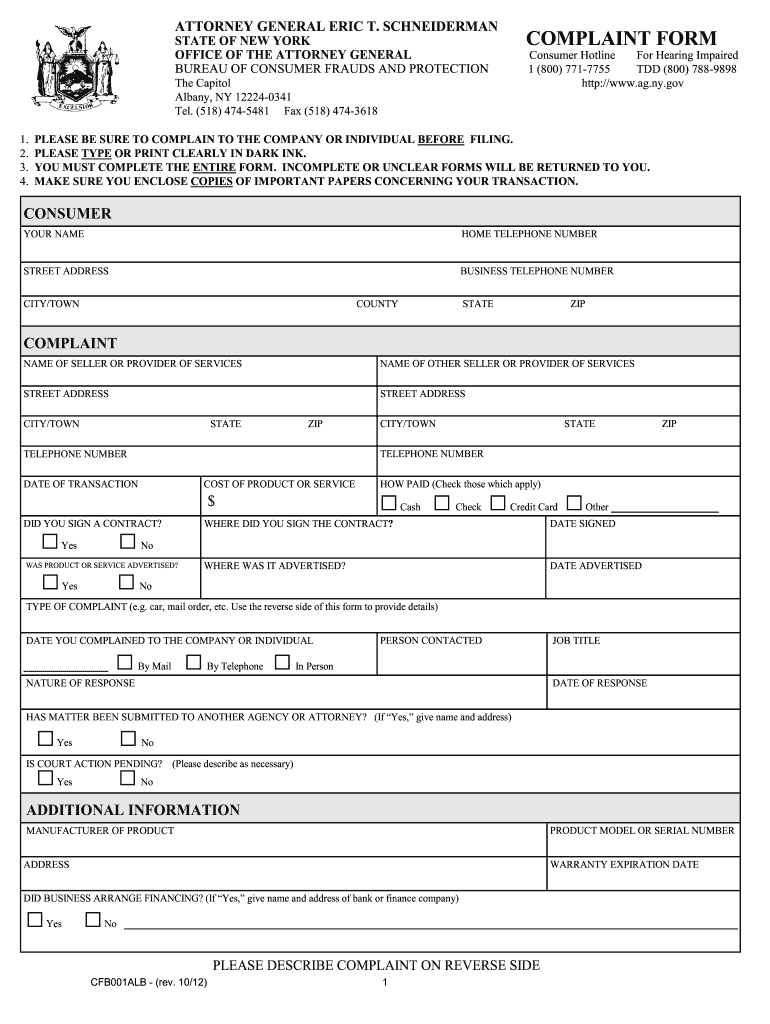  Web Consumer Complaint Form  New York State Attorney General  Oag State Ny 2012