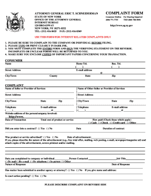 COMPLAINT FORM New York State Attorney General Oag State Ny