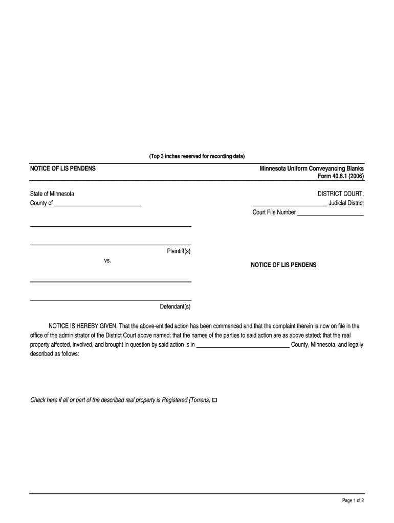  NOTICE of LIS PENDENS Minnesota Uniform Conveyancing 2006