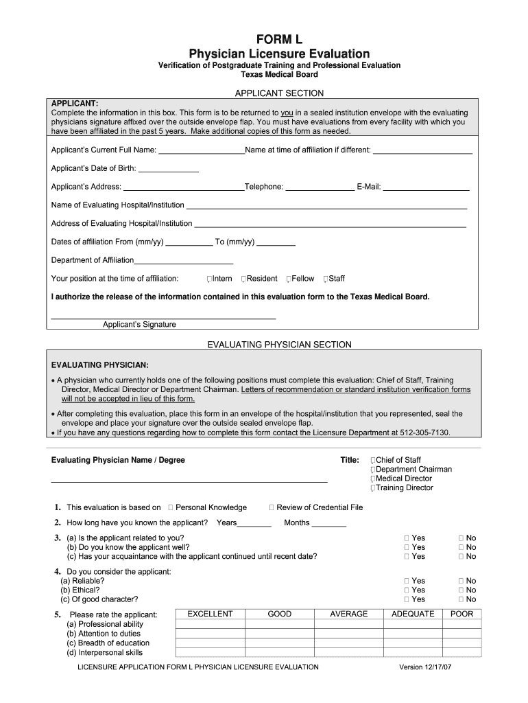  Form L for Texas Medical Board 2007
