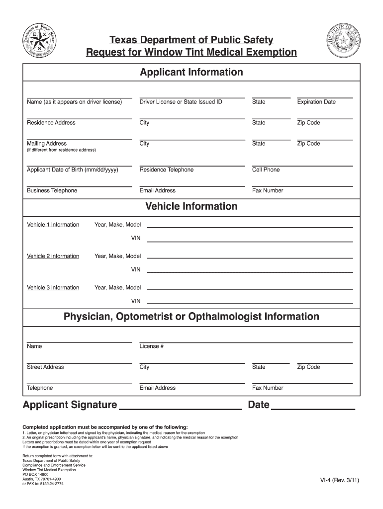 Get and Sign State of Texas Window Tint Exemption  Form 2011
