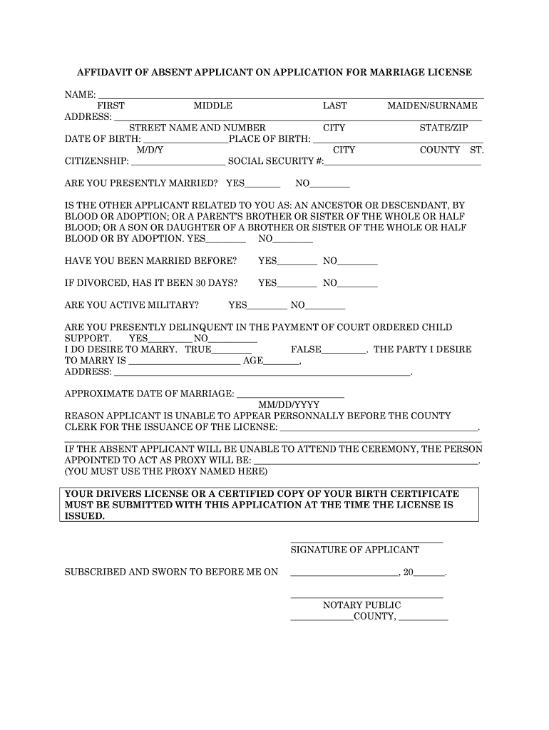 Affidavit of Absent Applicant on Application for Marriage License Name  Form