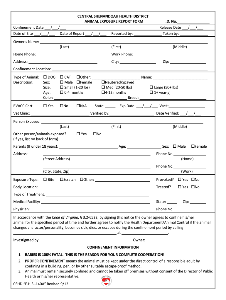 Animal Exposure Report Form Virginia