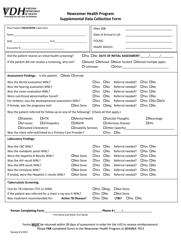  Newcomer Health Program Supplemental Data Collection Form  Vdh Virginia 2013