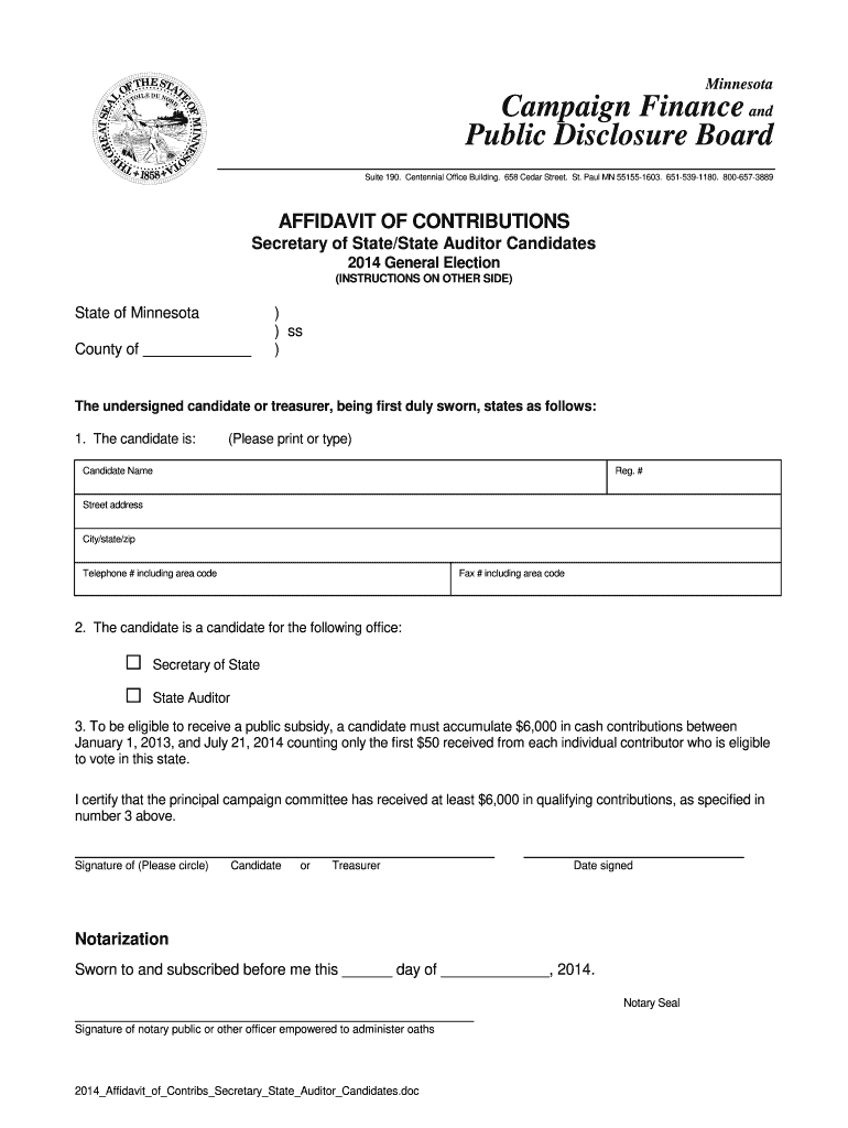  Affidavit of Contributions Secretary of StateState Auditor Candidates 2014