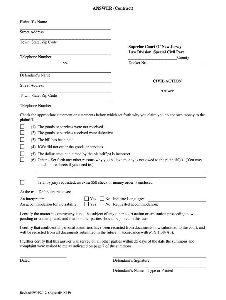  New Jersey Special Civil Part Answer Form 2012-2024