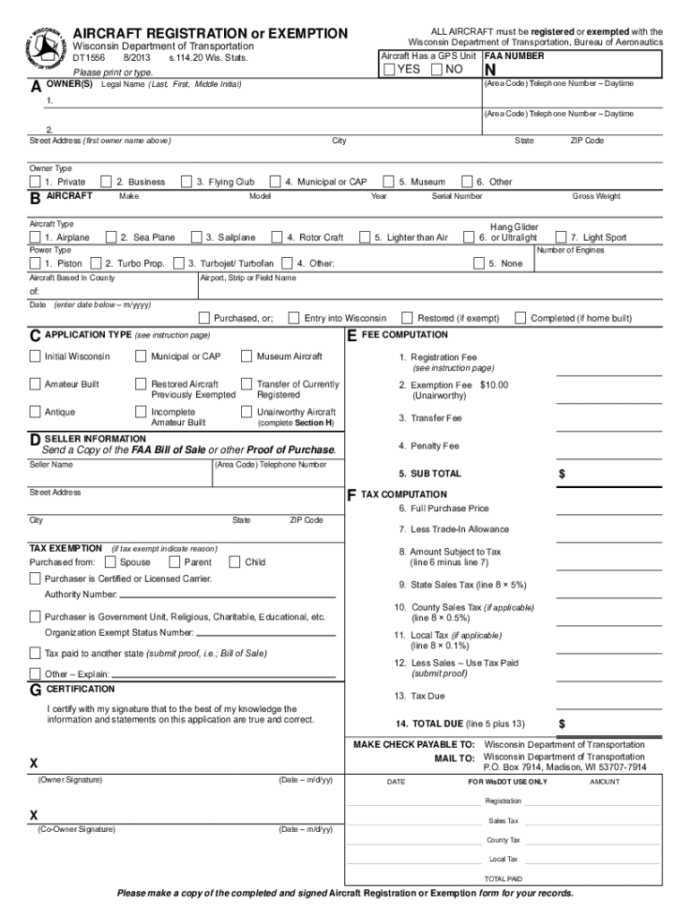  Wi Aircraft Registration Form 2013-2024