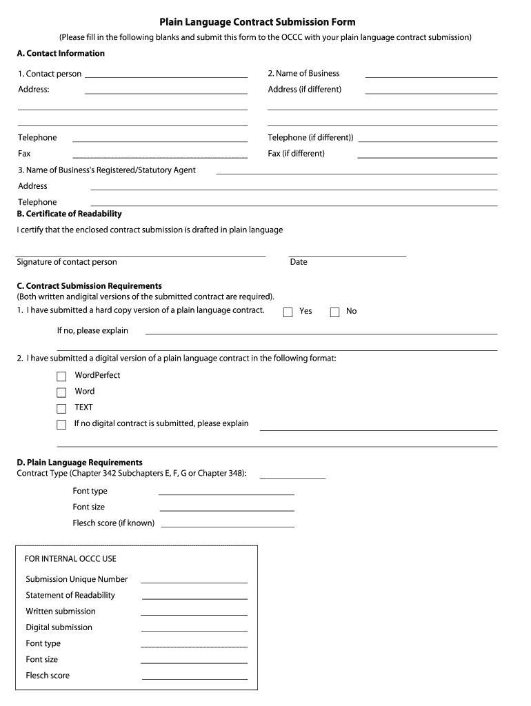 Plain Language Contract Submission Form  Occc State Tx