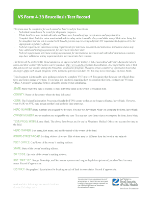 VS Form 4 33 Brucellosis Test Record Aphis Aphis Usda