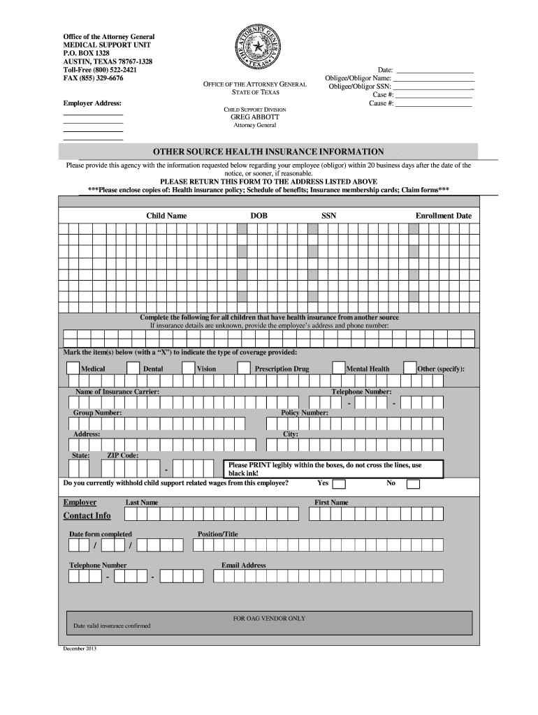 Other Source Health Insurance Information  Child Support Office  Portal Cs Oag State Tx