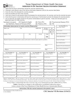 Multi Vaccine Addendum Texas Department of State Health Services Dshs State Tx  Form