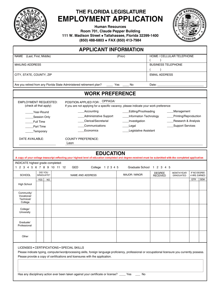 Florida Legislature Employment  Form