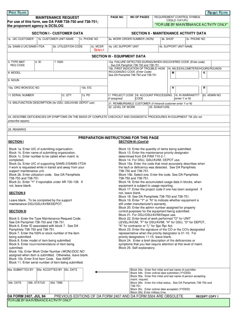  Da Form 2407 1994-2024