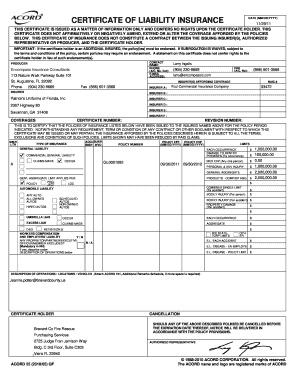 Certificate of Liability Insurance for Brevard County Form