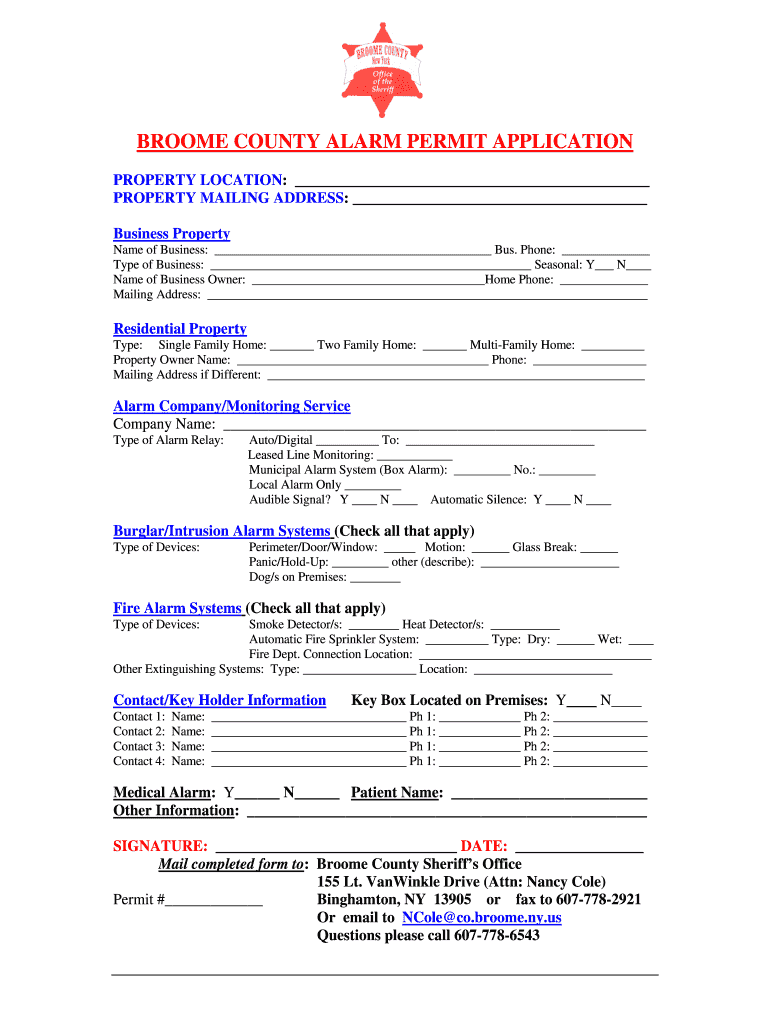Broome County Alarm Permit Application  Form