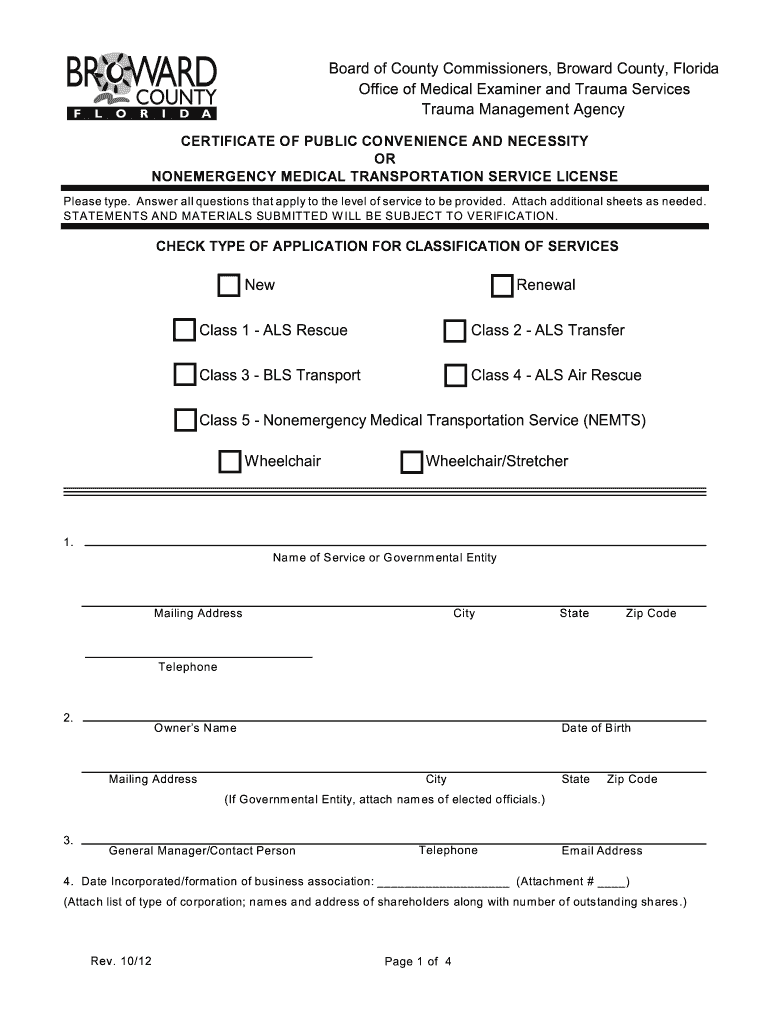  Certificate of Public Convenience and Necessity or Nonemergency Medical Transportation Service License Certificate of Public Con 2012-2024