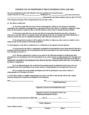 Certificate of Independent Price Determination Apr 1985 SDDC Sddc Army  Form