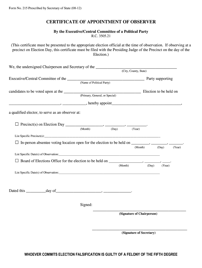 Get and Sign Form 215 Ohio Secretary of State Boe Cuyahogacounty 2012-2022