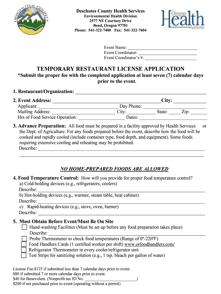 Deschutes Restaurant Form