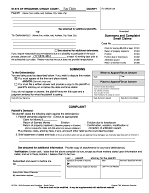 SC 500 Summons and Complaint Small Claims Eau Claire County  Form