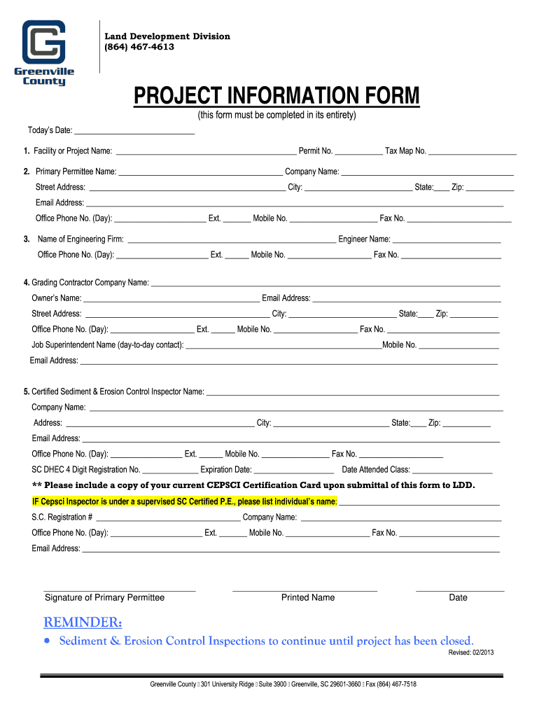  PROJECT INFORMATION FORM  Greenville County  Greenvillecounty 2013-2024