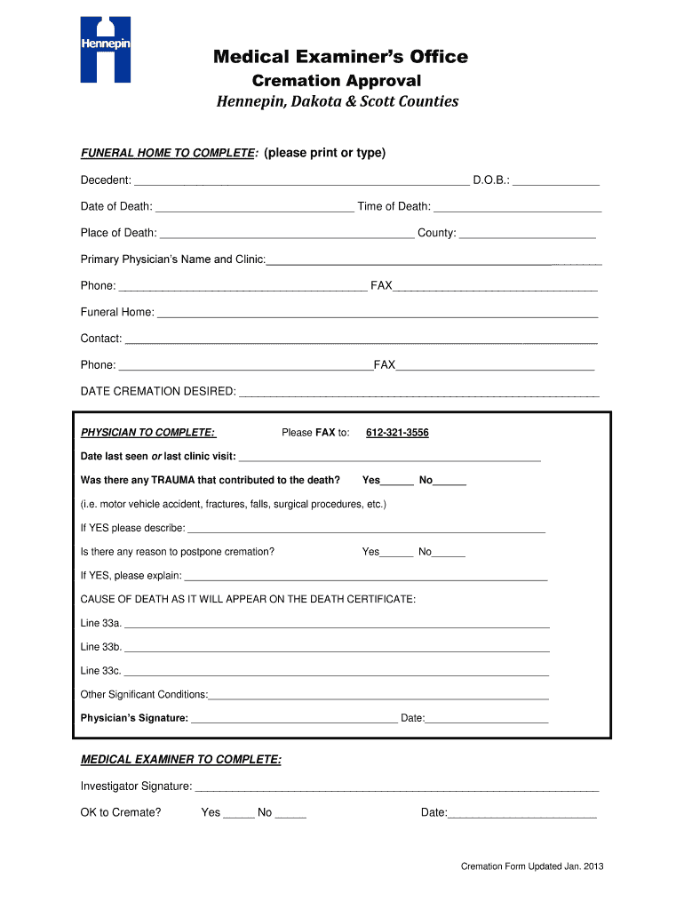 Cremation Approval Form  Hennepin County, Minnesota  Hennepin 2013-2024
