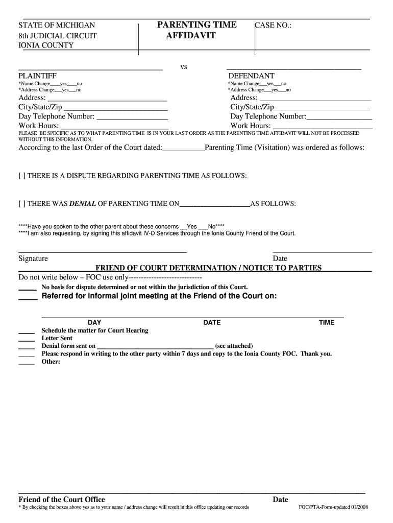  Ionia Parenting Time Affidavit Form 2008-2024