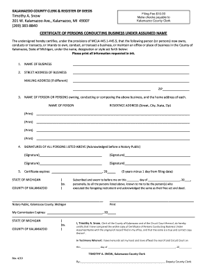 Assumed Name Certificate for County of Kalamazoo Michigan Form