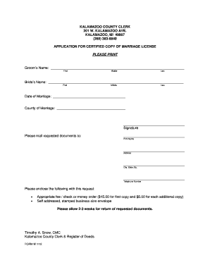  Kalamazoo County Clerk Marriage License 2012