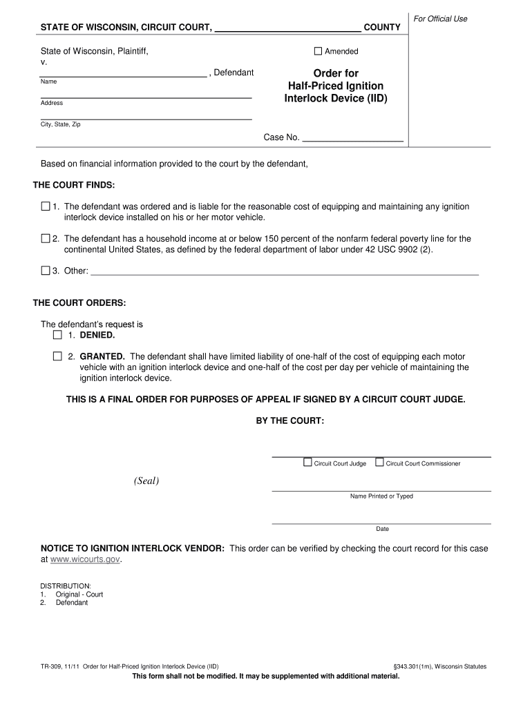  Order for Half Priced Ignition Interlock Device Form Tr 309 2011-2024