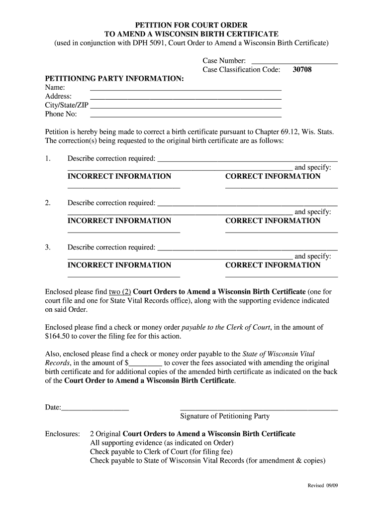  Wisconsin Instructions for Filing a Court Order to Amend a Wisconsin Birth Certificate 2009-2024