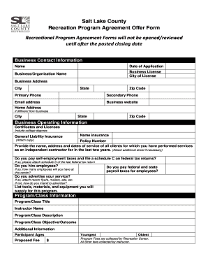 RPAOF Recreation Program Agreement Offer Form Salt Lake County Recreation Slco