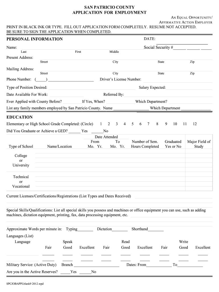 Get and Sign San Patricio County Jail Application 2012-2022 Form