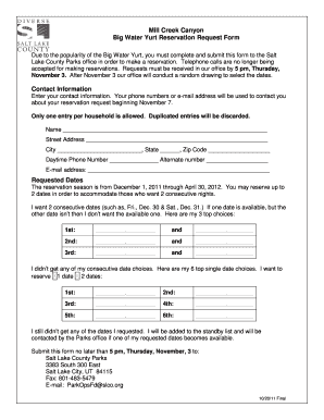 Mill Creek Canyon Big Water Yurt Reservation Request Form Recreation Slco