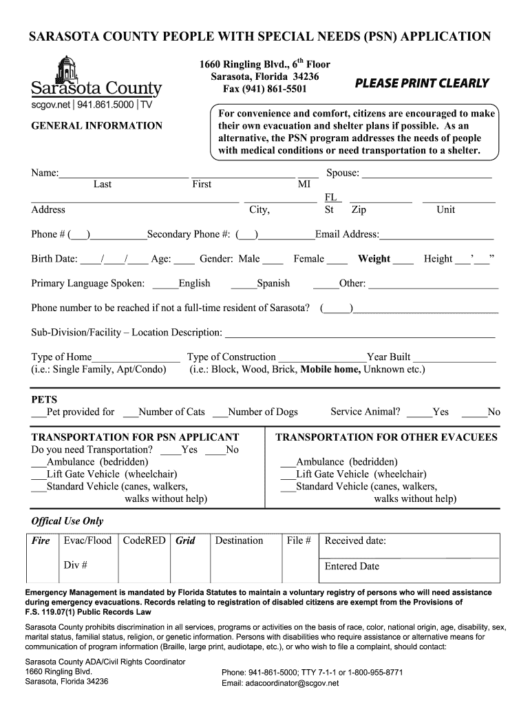  Sarasota County Special Needs Application 2013-2024