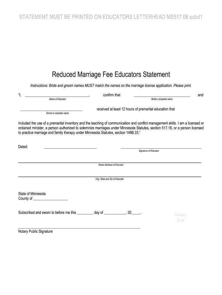 Marriage Fee Educators Statement  Form