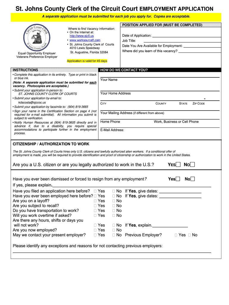  Employment Application  St Johns County Clerk of Courts 2011-2024