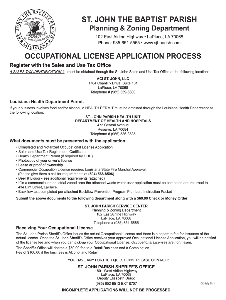 Occupational License Application Process  St John the Baptist Parish  Form
